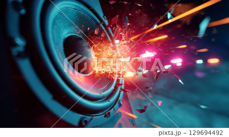 Close-up side shot of a powerful audio speaker bursting with sound and dynamic lighting effects 129694492