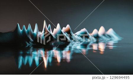Extreme close-up of stylized audio waveform forming mountain-like peaks with soft glow 129694495