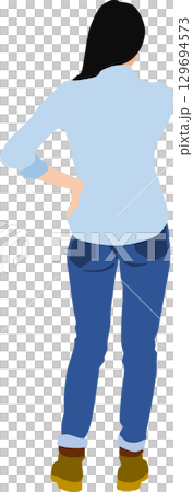 Illustration of a woman facing backwards wearing autumn/winter clothes Illustration of a woman facing backwards wearing autumn/winter clothes 129694573