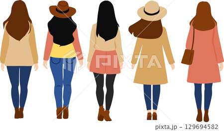 秋・冬服を着た後ろ向きの女性のイラスト 129694582