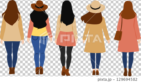 秋・冬服を着た後ろ向きの女性のイラスト 129694582