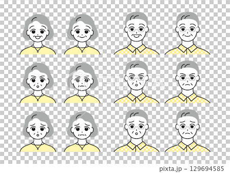 一組具有各種面部表情的老年男性和女性插圖 129694585