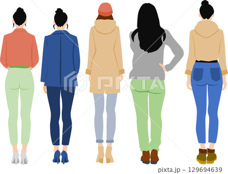 秋・冬服を着た後ろ向きの女性のイラスト 129694639