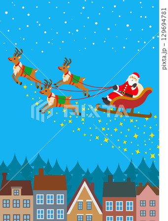 クリスマス素材　街中を行くトナカイとサンタクロース　夜空　キラキラ 129694781