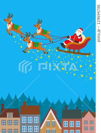 クリスマス素材　街中を行くトナカイとサンタクロース　夜空　キラキラ 129694786