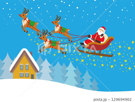クリスマス素材　トナカイとサンタクロース　夜空　キラキラ 129694902