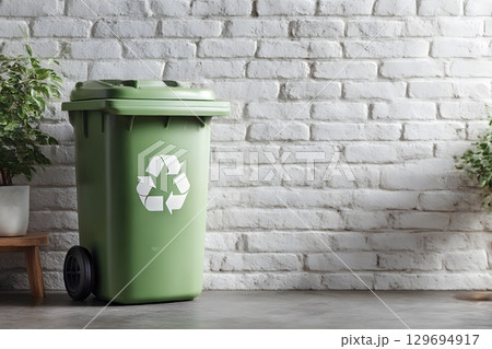 A green recycling bin stands ready against a white brick wall, symbolizing environmental care and waste reduction efforts. 129694917