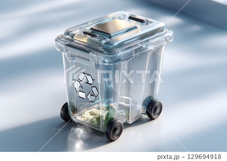 A transparent plastic recycling bin with wheels features the universal symbol, representing eco friendly waste management and a sustainable future. 129694918