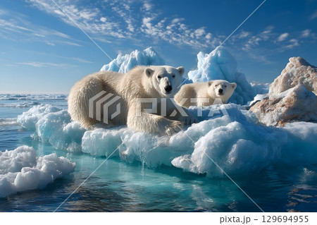 Two polar bears relax on a large ice floe, facing a warming global landscape across the Arctic sea. 129694955