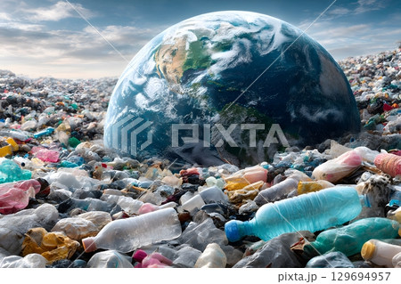 Plastic waste surrounds the world, illustrating the profound environmental harm and the urgent global pollution crisis. 129694957