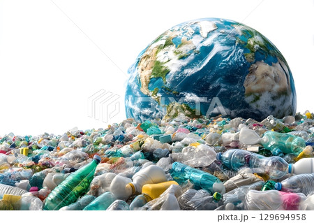 A massive collection of plastic waste surrounds the Earth globe, powerfully illustrating the pervasive harm to the world. 129694958