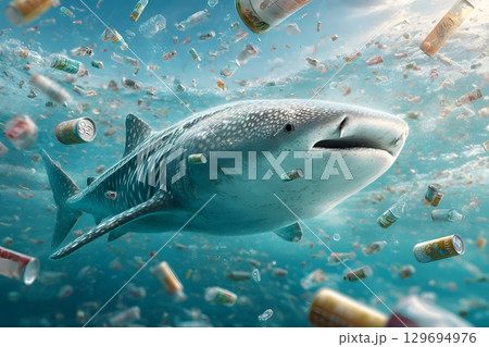 A majestic whale shark swims underwater through vast amounts of plastic waste, clearly showing how plastic harms the world. 129694976