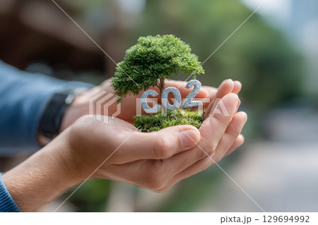 Hands gently cradle a miniature tree with CO2 symbols, illustrating the urgent need to address global warming and promote environmental protection for Earth's future. Hands gently cradle a miniature tree with CO2 symbols, illustrating the urgent need to address global warming and promote environmental protection for Earth's future. 129694992