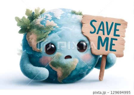 A sweet earth character with a worried face holds a wooden sign asking people to save the planet and protect its natural environment. 129694995