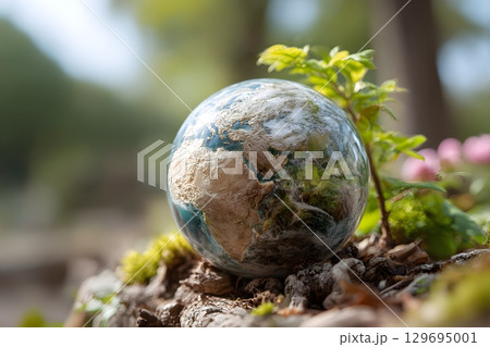 A delicate globe of Earth rests on green moss, symbolizing the crucial need to save our natural environment and protect the planet. 129695001