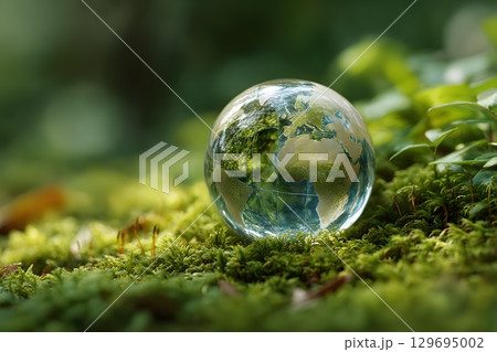 A pristine glass globe featuring the Earth sits peacefully on vibrant green moss, highlighting the importance of environmental preservation and future care. 129695002