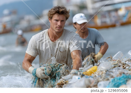 People work together removing plastic waste from the water. This action helps reduce harm to the ocean and protect the world. 129695006