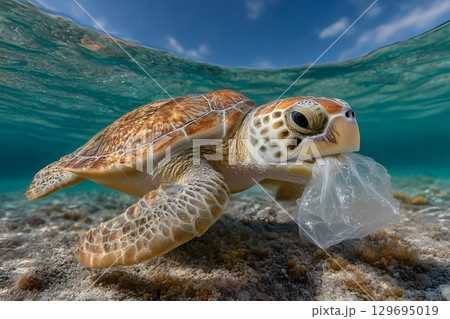 A sea turtle swims underwater, holding a clear plastic bag in its mouth. This scene highlights how plastic waste harms the ocean world. 129695019