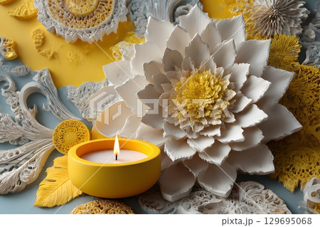 Festive light from a simple candle illuminates delicate white and yellow paper flowers, creating a joyful ornamental display. 129695068