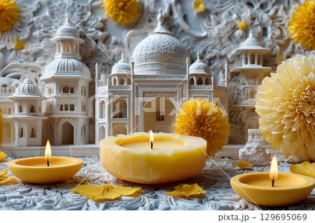 Warm glowing candles illuminate a traditional Diwali scene, surrounded by vibrant yellow flowers and ornate white architectural decor. 129695069