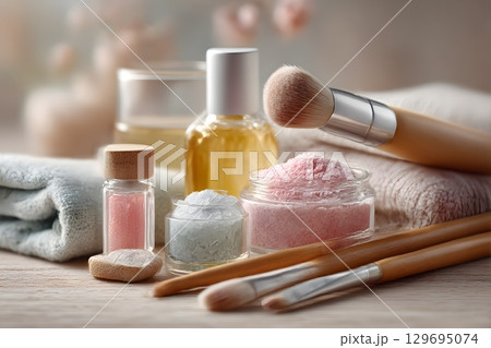 Natural skincare essentials like colorful bath salts, aromatic oils, and soft brushes are set for a relaxing beauty treatment. Natural skincare essentials like colorful bath salts, aromatic oils, and soft brushes are set for a relaxing beauty treatment. 129695074