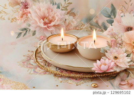 Lit candles offer a gentle glow on a beautiful tray adorned with pink floral blooms and shimmering gold accents, celebrating Diwali joy. 129695102