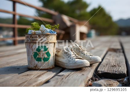 A rustic bucket showing a recycle symbol holds plastic waste and plants, set next to old shoes on weathered wood. 129695105