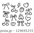 Ribbon bow, cherry, heart shape, kissing lips, flame, strawberry, queen crown. Whimsical coquette hand drawn doodle contour drawing 129695255