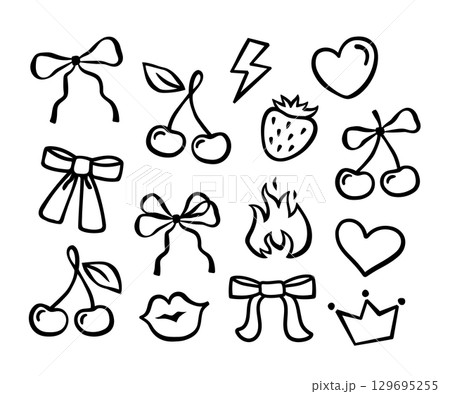 Ribbon bow, cherry, heart shape, kissing lips, flame, strawberry, queen crown. Whimsical coquette hand drawn doodle contour drawing 129695255