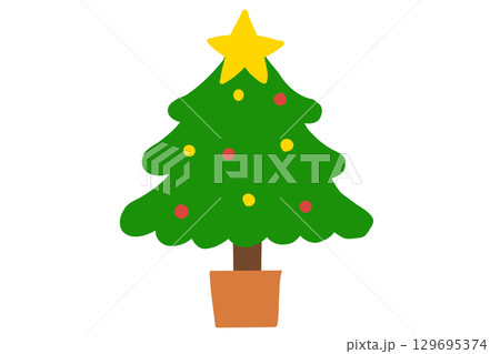 星とオーナメント付きシンプルなクリスマスツリーイラスト 129695374