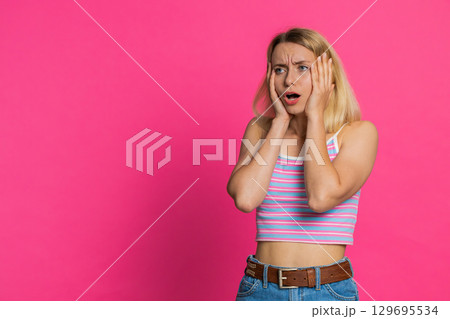Sad young woman loses becoming surprised by lottery results bad fortune loss unlucky fortune news Sad young woman loses becoming surprised by lottery results bad fortune loss unlucky fortune news 129695534
