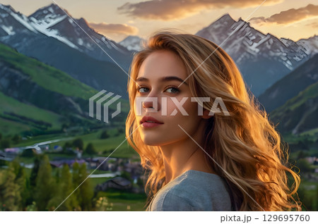 beautiful young woman in mountains 129695760