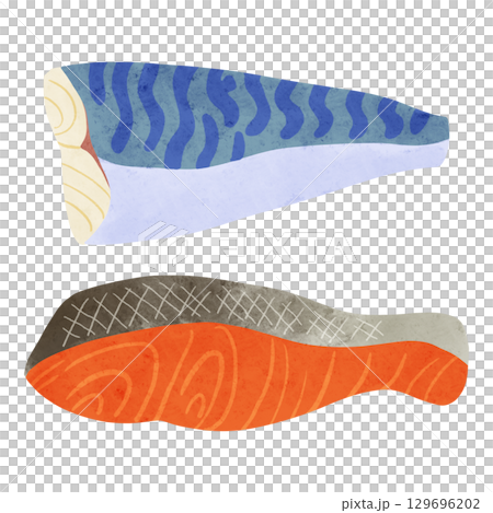 さば・さけの切り身セット　水彩風手描きイラスト 129696202