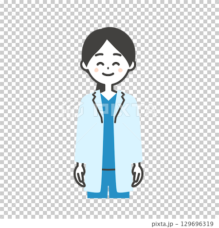 一位身穿手術服和白大褂的微笑女醫生的插圖 一位身穿手術服和白大褂的微笑女醫生的插圖 129696319