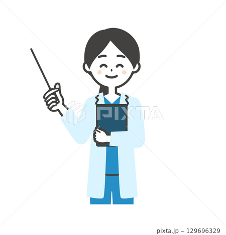 プレゼンするスクラブに白衣姿の女性医師イラスト 129696329