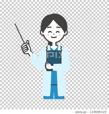 プレゼンするスクラブに白衣姿の女性医師イラスト 129696329