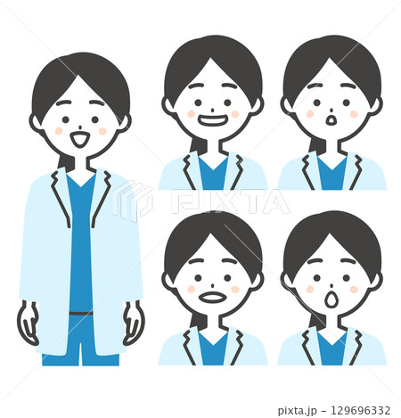スクラブに白衣姿の女性医師あいうえおの口の形イラスト スクラブに白衣姿の女性医師あいうえおの口の形イラスト 129696332