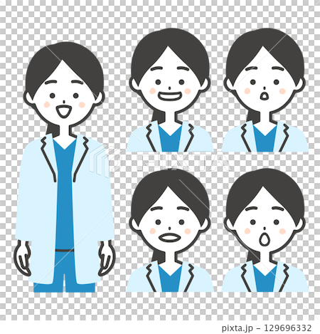 身穿手術服和白大褂的女醫生的插圖，嘴型為 ABC 129696332