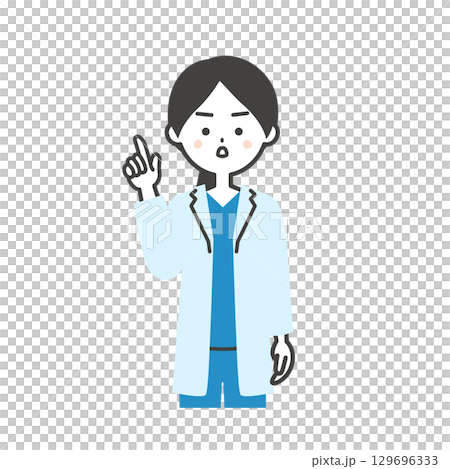 Illustration of a female doctor in a scrub and white coat standing with a serious face Illustration of a female doctor in a scrub and white coat standing with a serious face 129696333