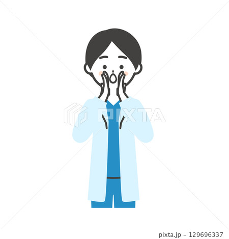 両手を口に添えて呼ぶスクラブに白衣姿の女性医師イラスト 両手を口に添えて呼ぶスクラブに白衣姿の女性医師イラスト 129696337