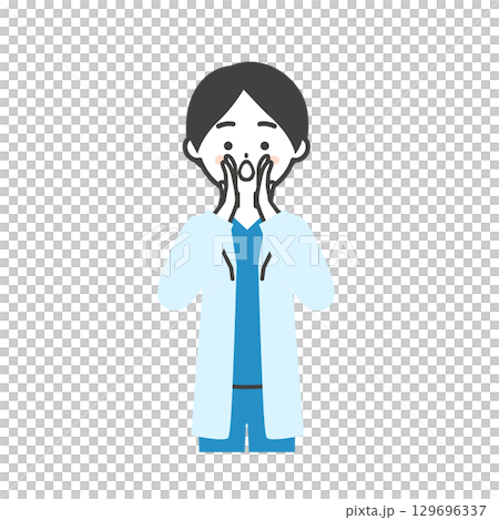 Illustration of a female doctor in a scrub and white coat calling with both hands over her mouth 129696337