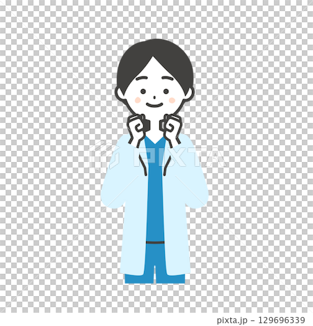 Illustration of a female doctor in a scrub and white coat pumping her fist with both hands 129696339