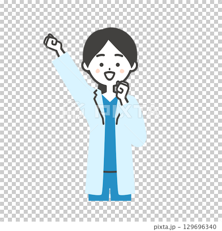 一位身穿手術服和白大褂的女醫生揮舞拳頭的插圖 129696340