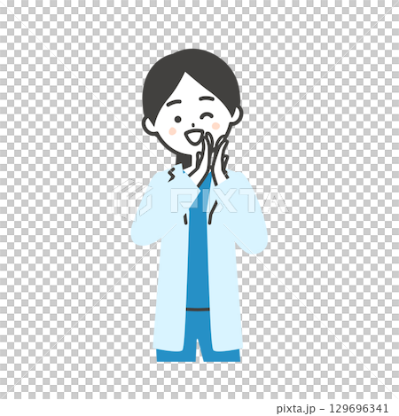 一位身穿手術服和白大褂的女醫生一邊鼓掌一邊眨眼的插圖 一位身穿手術服和白大褂的女醫生一邊鼓掌一邊眨眼的插圖 129696341