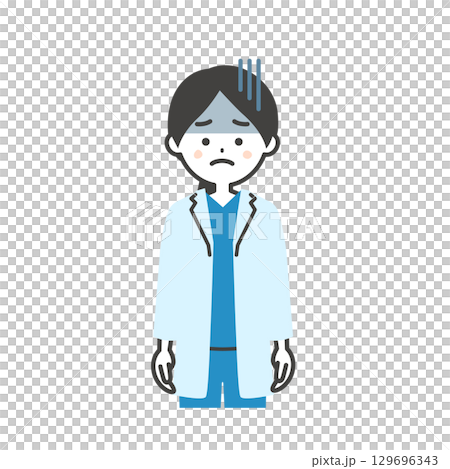 一位身穿手術服和白大褂、表情陰沉的女醫生的插圖 129696343