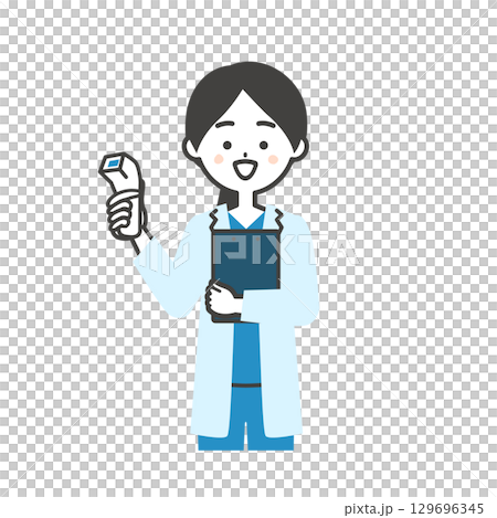Illustration of a female doctor in a scrub and white coat holding a thermometer 129696345