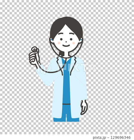 Illustration of a female doctor in a scrub and white coat holding a stethoscope 129696346