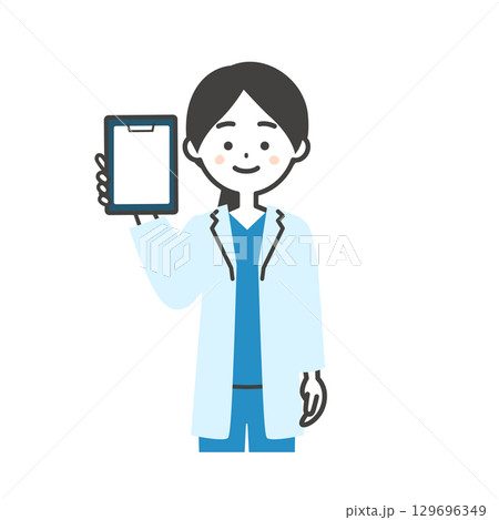 バインダーを持つスクラブに白衣姿の女性医師イラスト 129696349