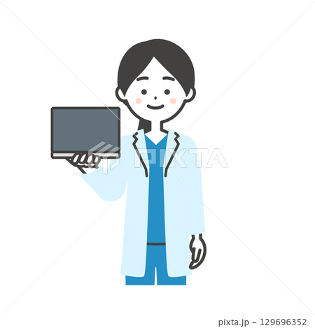 ノートパソコンを持つスクラブに白衣姿の女性医師イラスト 129696352