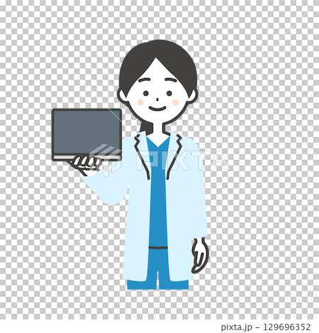 ノートパソコンを持つスクラブに白衣姿の女性医師イラスト 129696352